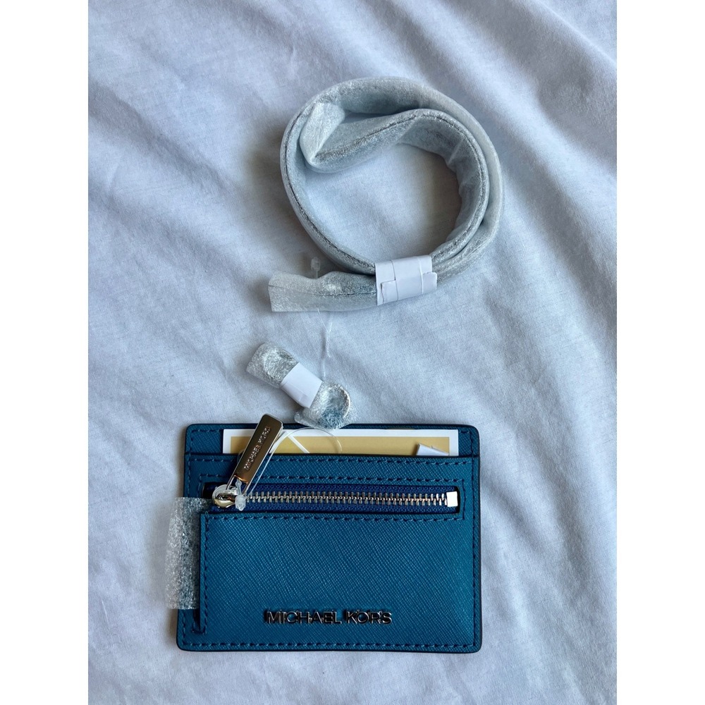 Michael Kors Jet Set Travel Teal Leather EW Card Case ID Lanyard NWT - Picture 2 of 4